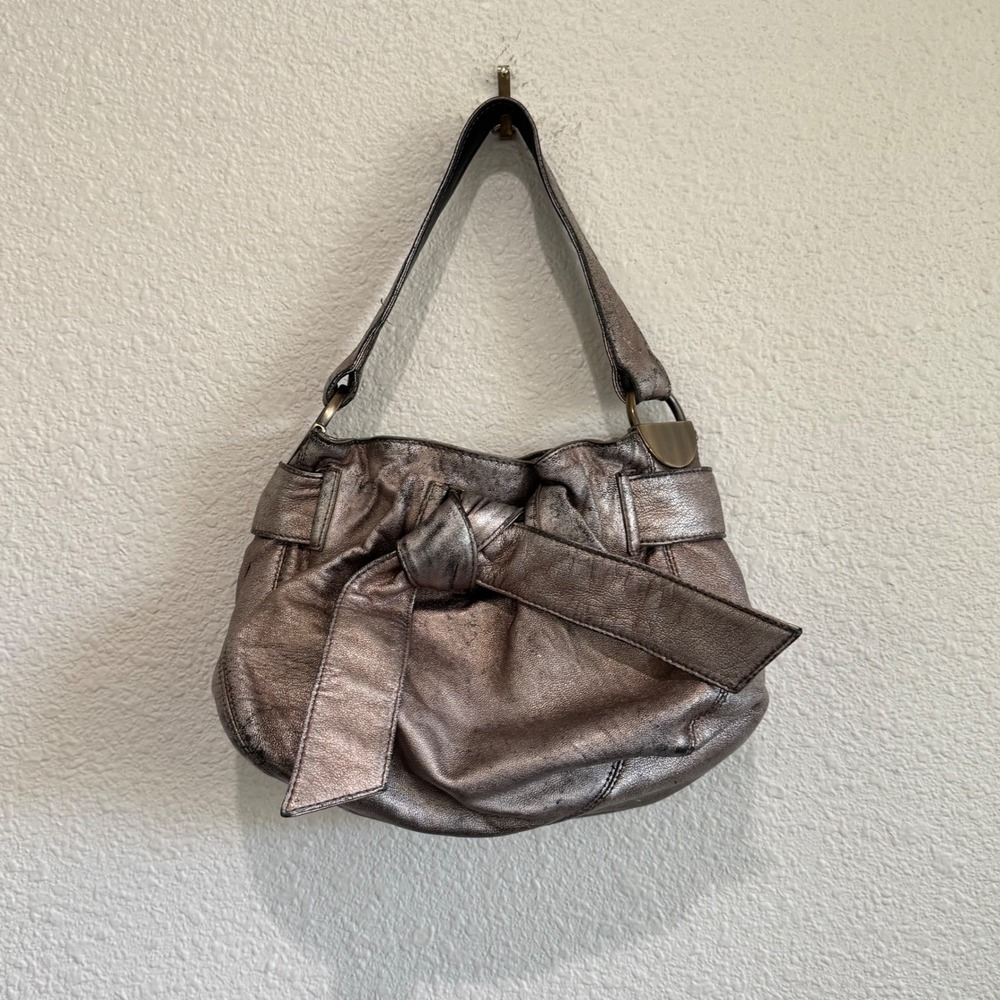 Kooba Metallic‎ Pewter Leather Bow Shoulder Bag Hobo Brass Hardware Vintage Y2K